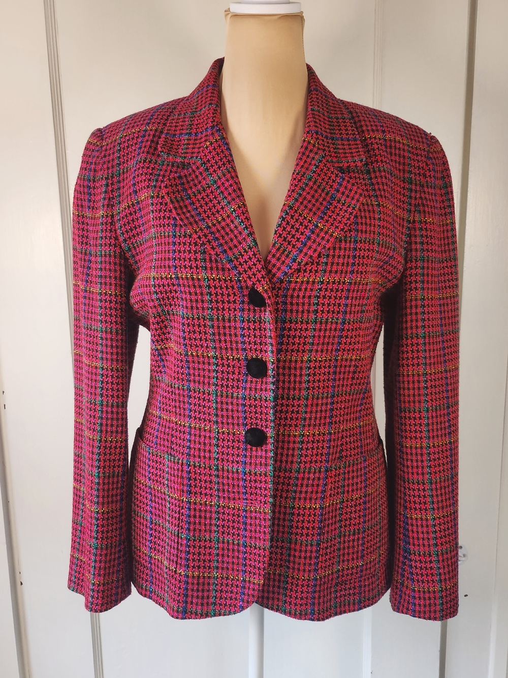 Vtg 80s Norton McNaughton Sz 12 Pink Plaid Tweed Tailored Blazer